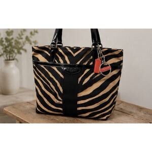 Coach Rare Zebra Print Tote Bag Black Tan Canvas Patent Leather Purse